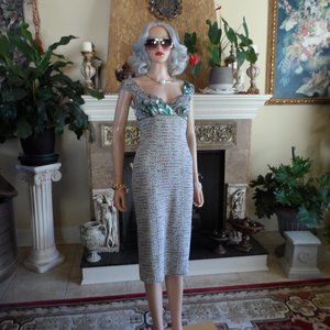 St. John Collection Green Multi Color Metallic Tweed Knit Sheath Dress Size 4